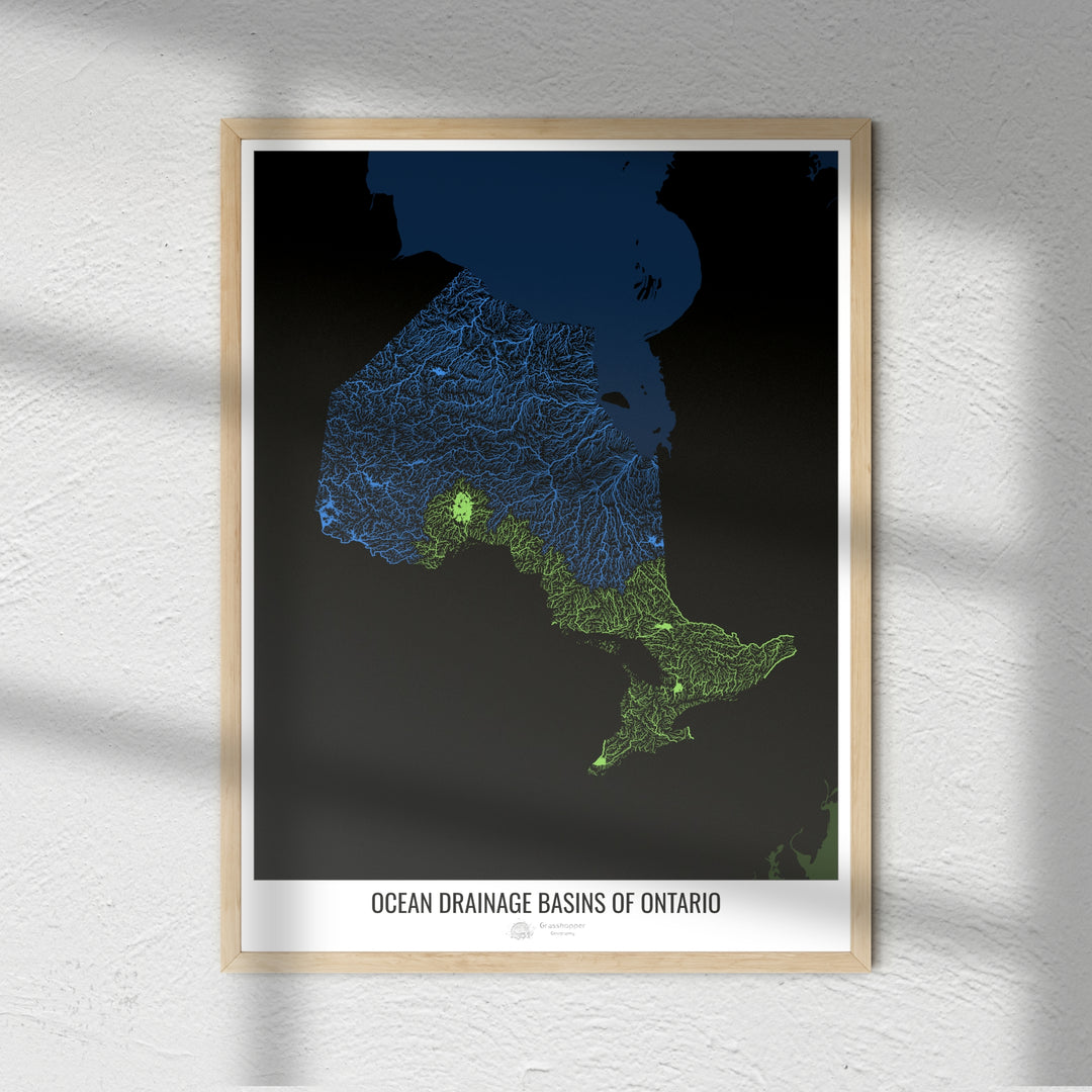 Ontario - Mapa de la cuenca hidrográfica del océano, negro v2 - Impresión fotográfica