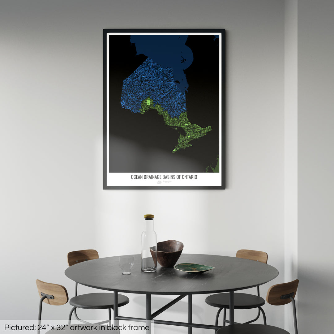 Ontario - Carte du bassin versant océanique, noir v2 - Impression encadrée
