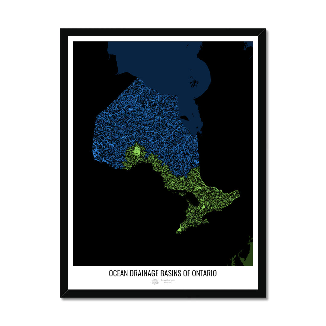 Ontario - Carte du bassin versant océanique, noir v2 - Impression encadrée