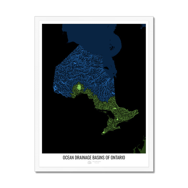 Ontario - Mapa de la cuenca de drenaje oceánico, negro v2 - Lámina enmarcada