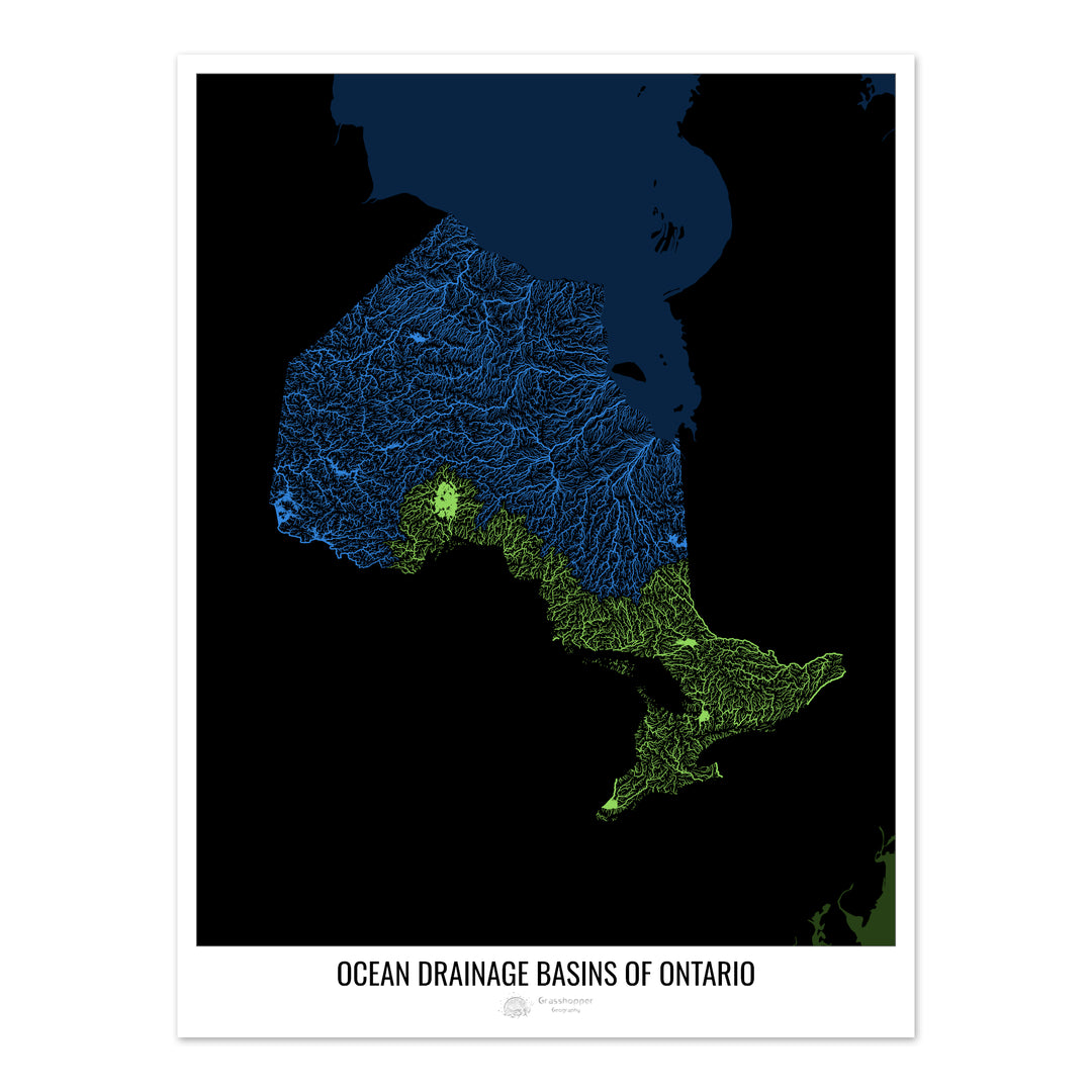 Ontario - Mapa de la cuenca de drenaje oceánico, negro v2 - Impresión de bellas artes