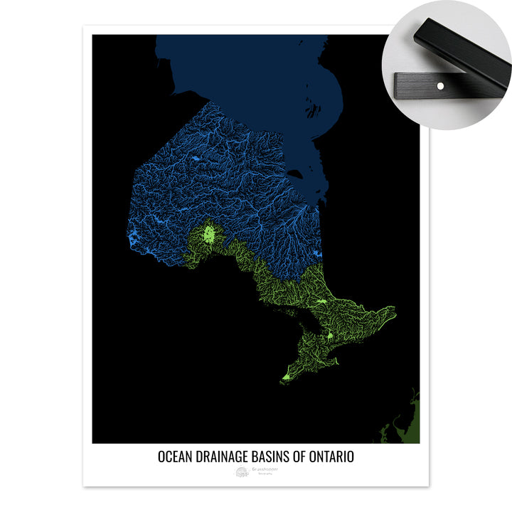 Ontario - Mapa de la cuenca de drenaje oceánico, negro v2 - Impresión artística con percha