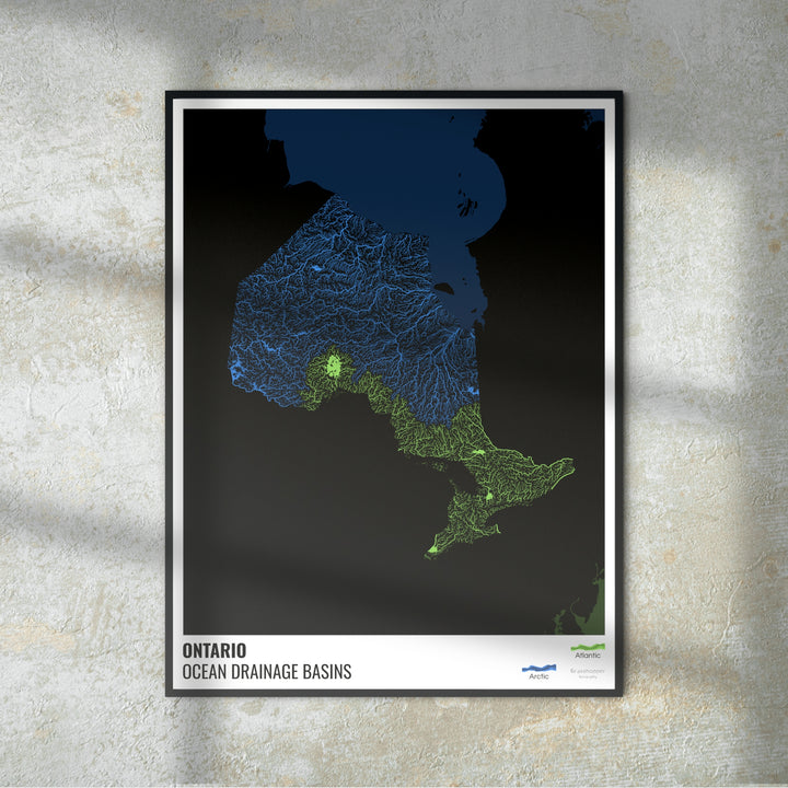 Ontario - Ocean drainage basin map, black with legend v2 - Fine Art Print