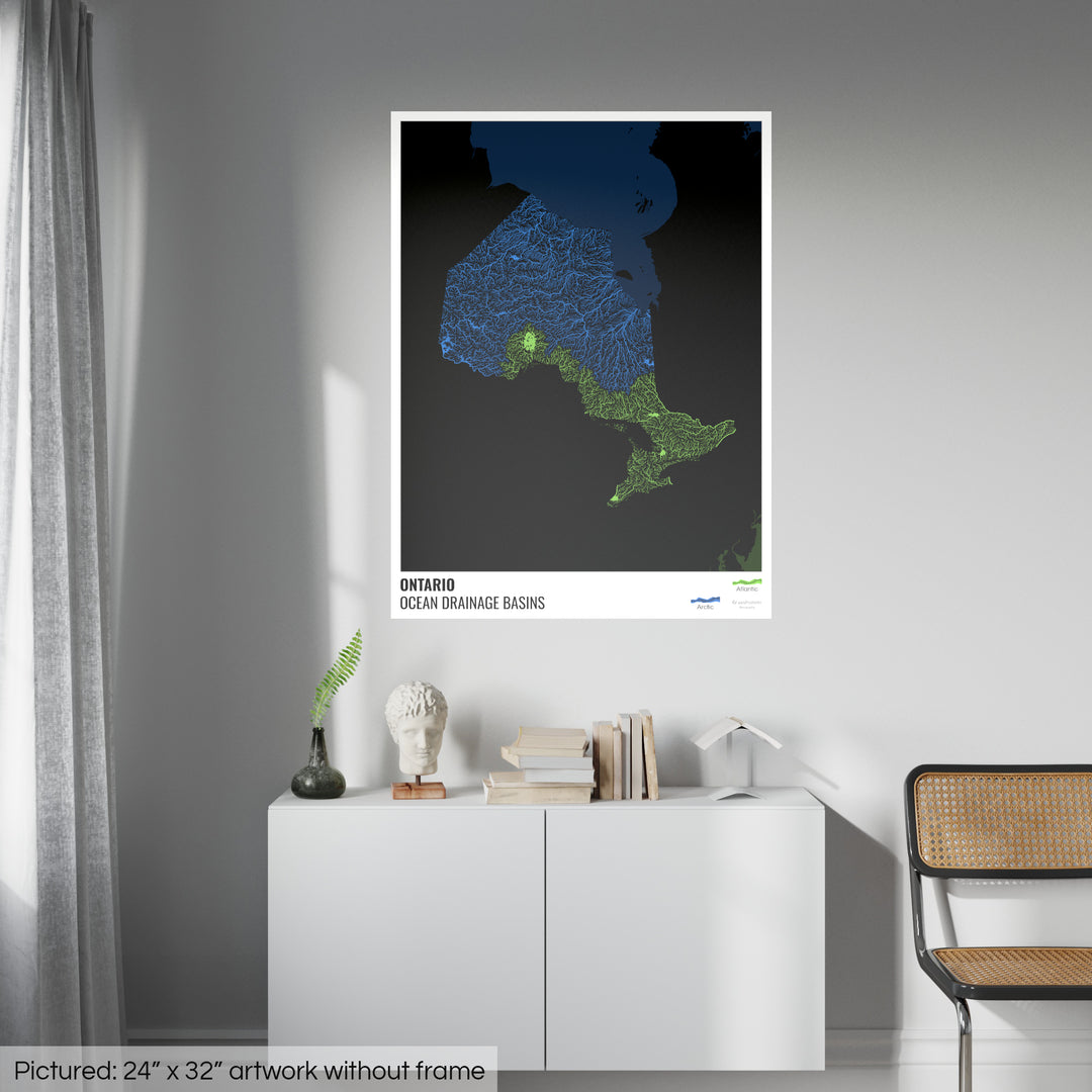 Ontario - Ocean drainage basin map, black with legend v2 - Fine Art Print