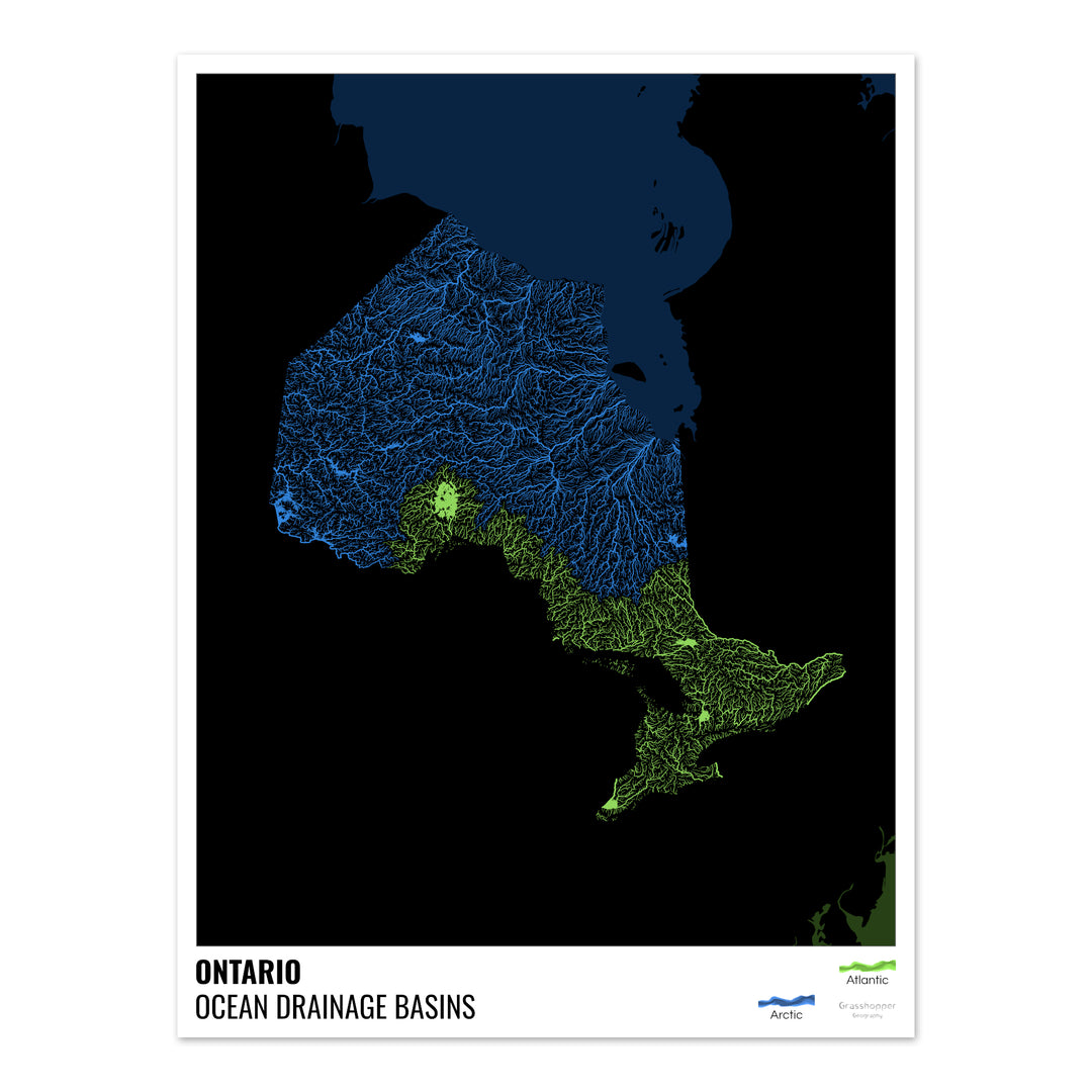 Ontario - Mapa de la cuenca de drenaje oceánico, negro con leyenda v2 - Impresión de bellas artes