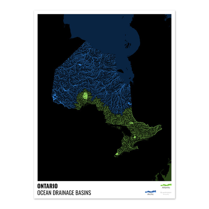 Ontario - Mapa de la cuenca de drenaje oceánico, negro con leyenda v2 - Impresión de bellas artes