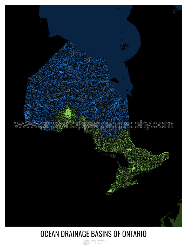 Ontario - Mapa de la cuenca de drenaje oceánico, negro v2 - Impresión de bellas artes