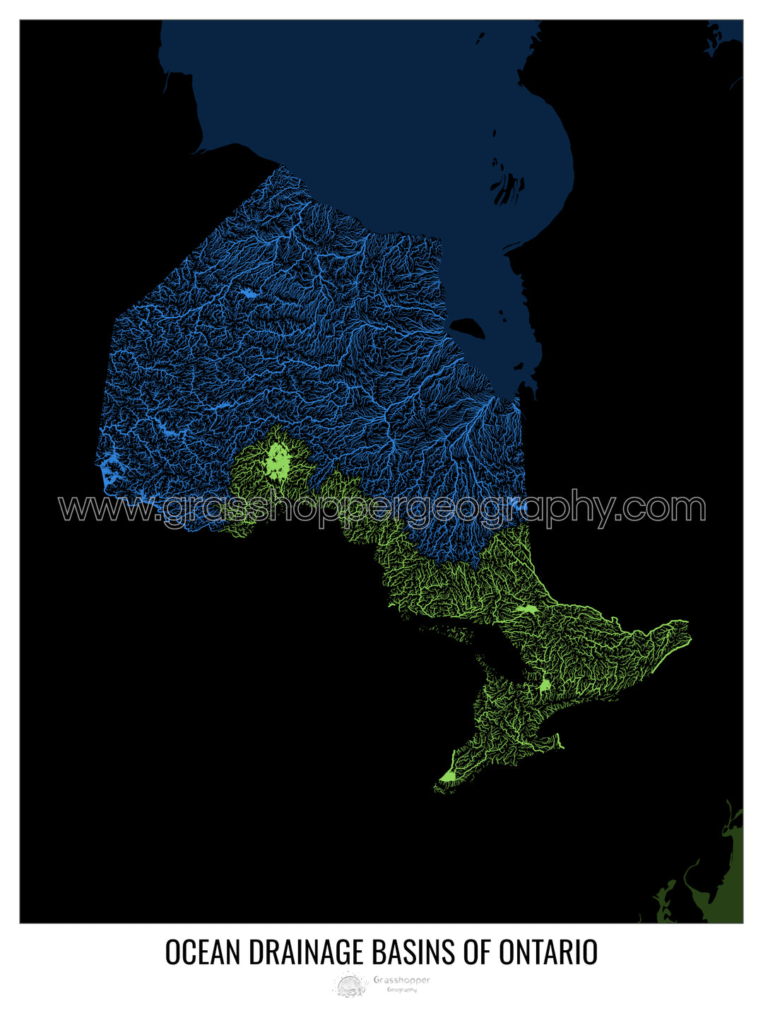 Ontario - Mapa de la cuenca hidrográfica del océano, negro v2 - Impresión fotográfica