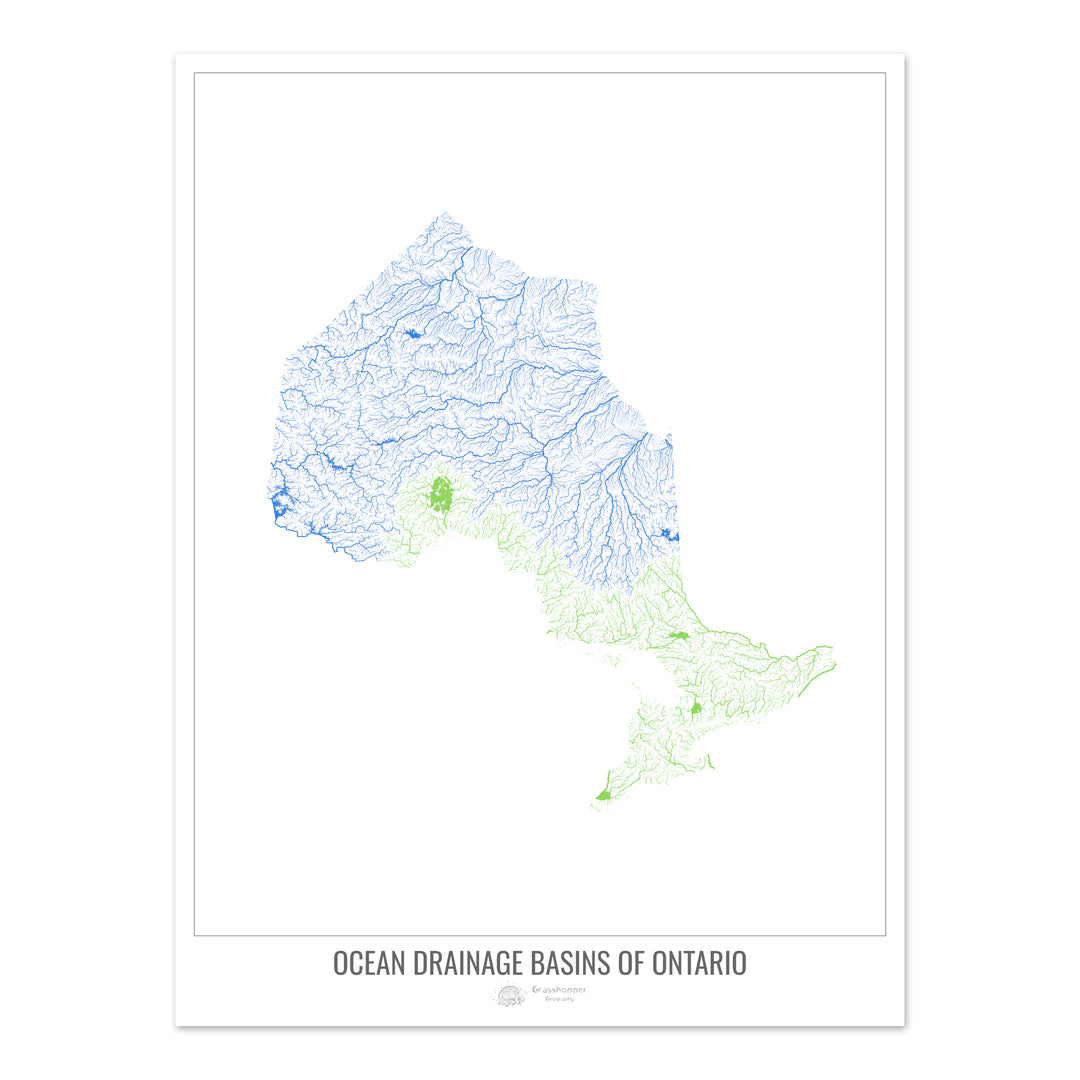 Ontario - Mapa de la cuenca de drenaje oceánico, blanco v1 - Impresión de bellas artes