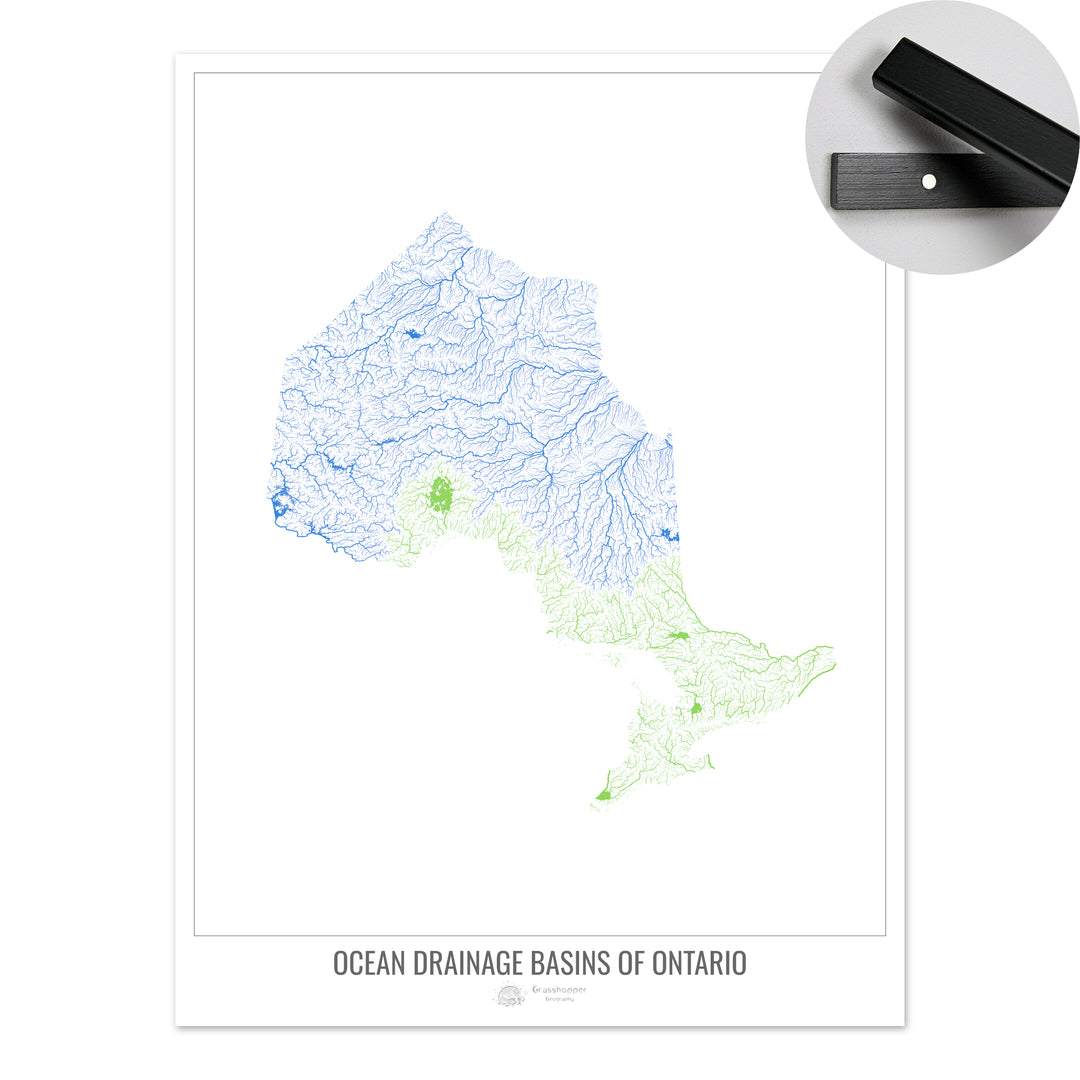 Ontario - Carte du bassin versant océanique, blanc v1 - Tirage d'art avec cintre