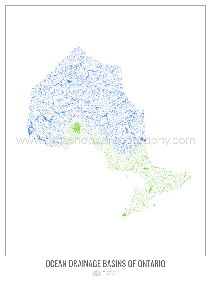 Ontario - Mapa de la cuenca hidrográfica del océano, blanco v1 - Impresión fotográfica