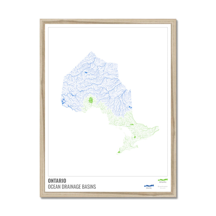 Ontario - Ocean drainage basin map, white with legend v1 - Framed Print