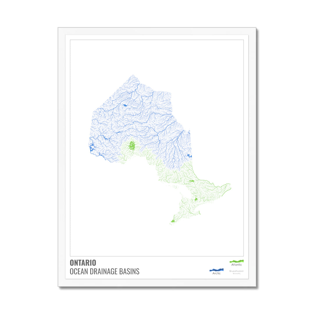 Ontario - Ocean drainage basin map, white with legend v1 - Framed Print