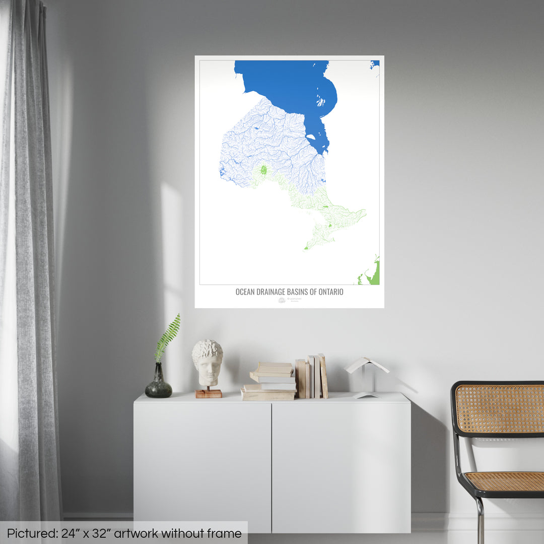 Ontario - Carte du bassin versant océanique, blanc v2 - Impression d'art photo