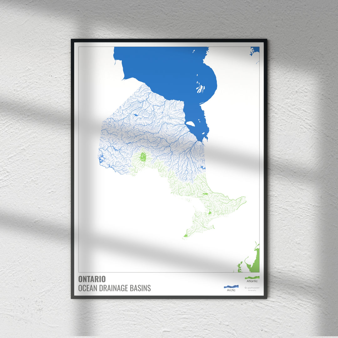Ontario - Mapa de la cuenca de drenaje oceánico, blanco con leyenda v2 - Impresión de bellas artes