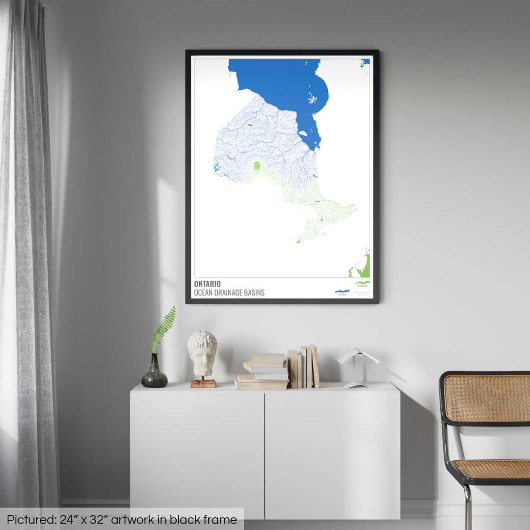 Ontario - Ocean drainage basin map, white with legend v2 - Framed Print