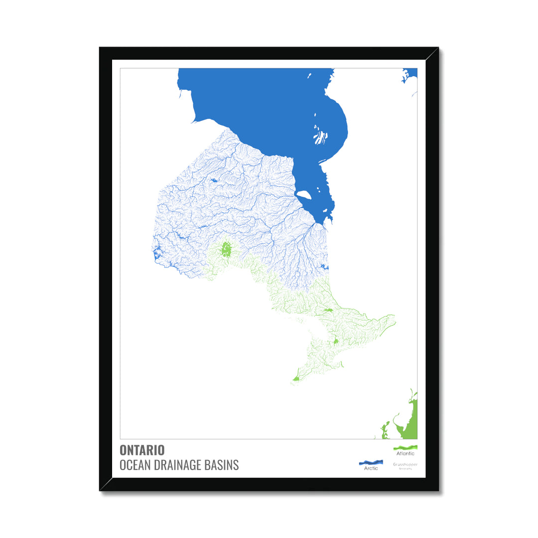 Ontario - Ocean drainage basin map, white with legend v2 - Framed Print