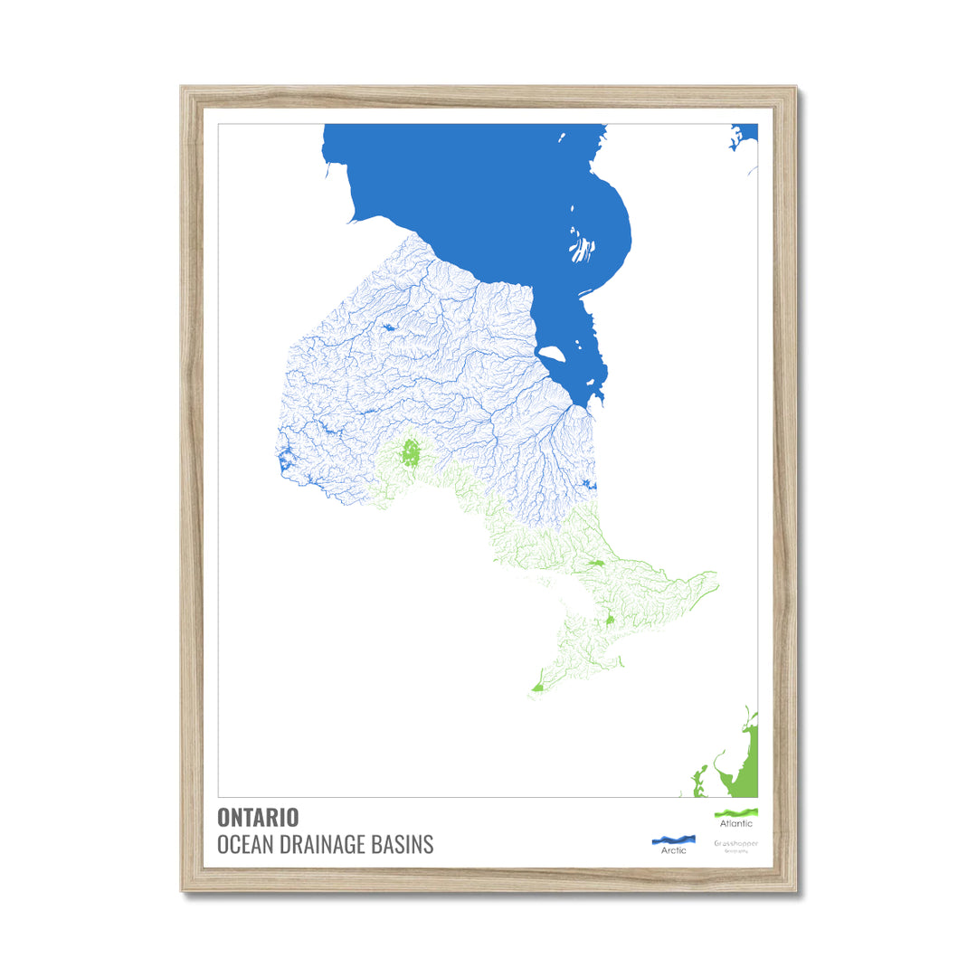 Ontario - Ocean drainage basin map, white with legend v2 - Framed Print