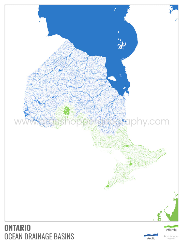 Ontario - Mapa de la cuenca hidrográfica del océano, blanco con leyenda v2 - Impresión fotográfica