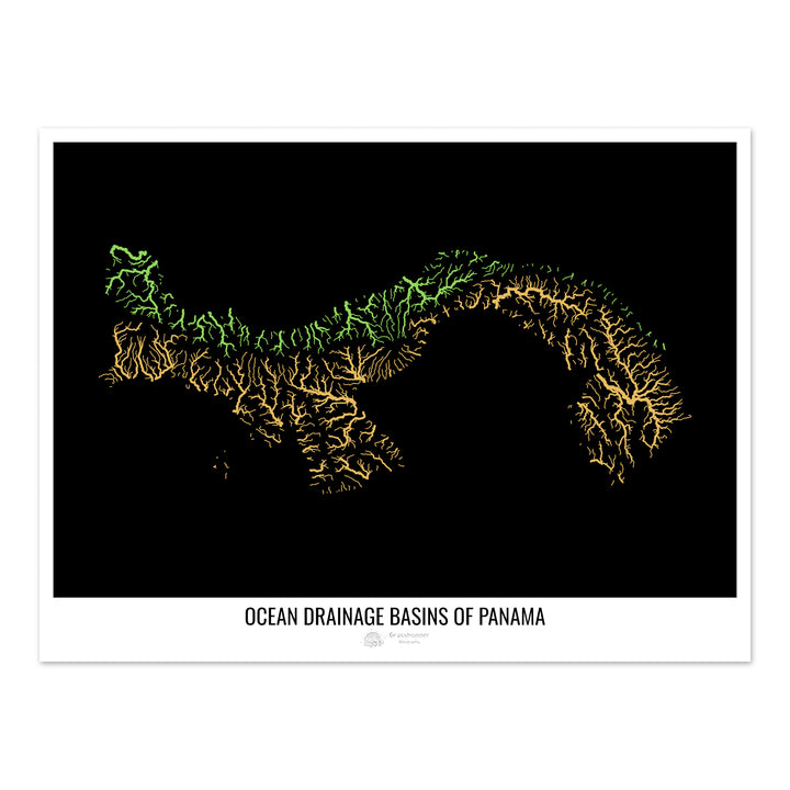 Panamá - Mapa de la cuenca hidrográfica del océano, negro v1 - Impresión de Bellas Artes