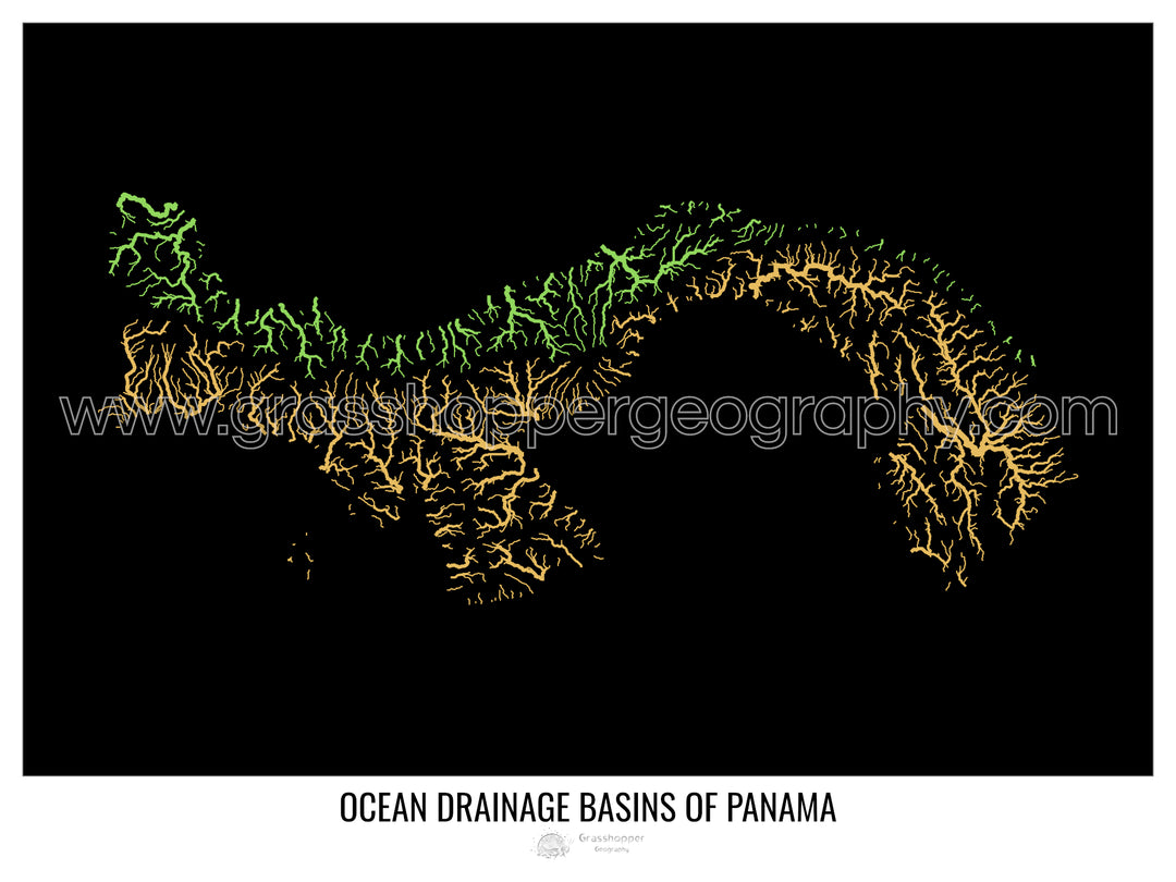 Panama - Carte du bassin versant océanique, noir v1 - Tirage photo artistique