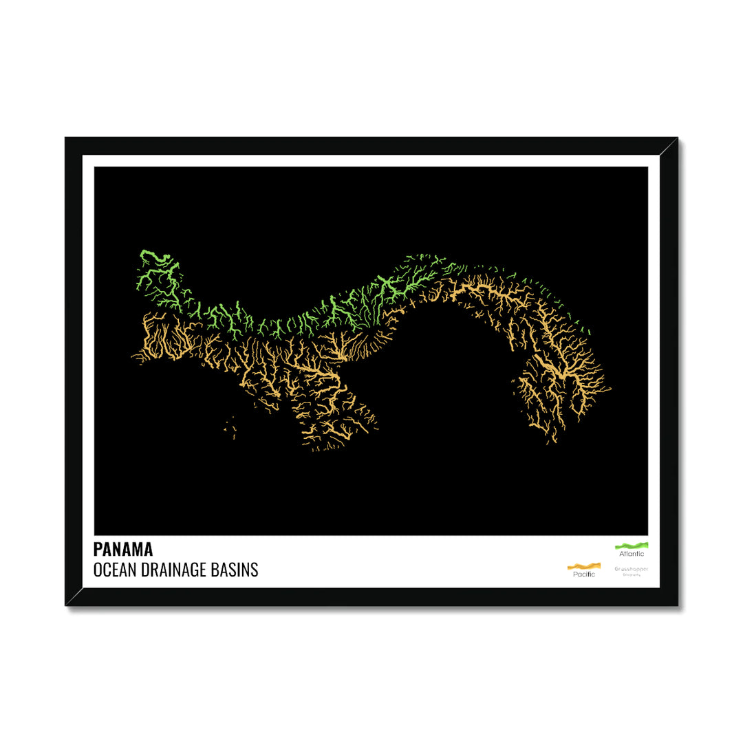 Panama - Ocean drainage basin map, black with legend v1 - Framed Print