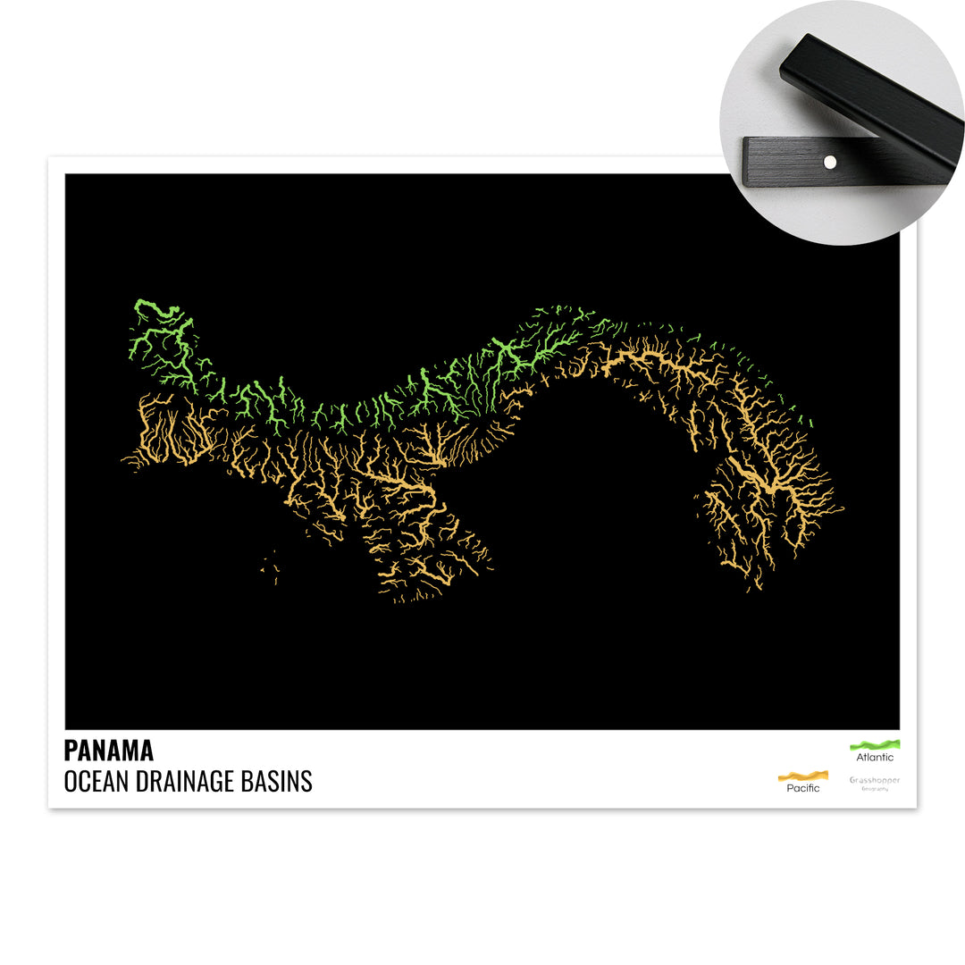 Panamá - Mapa da bacia de drenagem oceânica, preto com legenda v1 - Impressão de belas artes com cabide