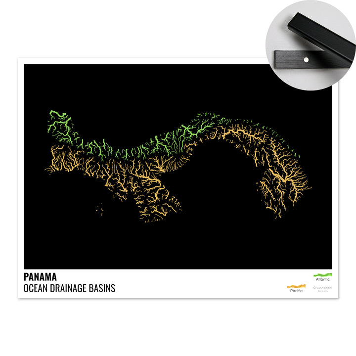 Panamá - Mapa da bacia de drenagem oceânica, preto com legenda v1 - Impressão de belas artes com cabide