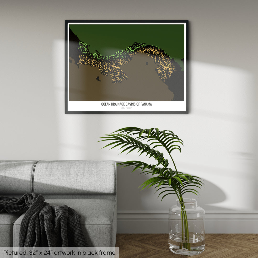 Panama - Ocean drainage basin map, black v2 - Framed Print