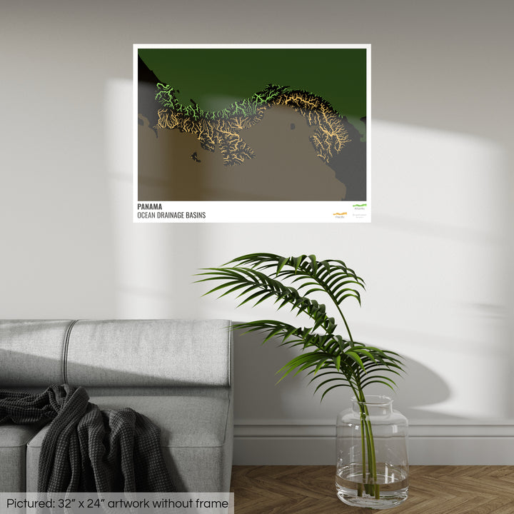 Panama - Karte des Einzugsgebiets des Ozeans, schwarz mit Legende v2 - Fine Art Print