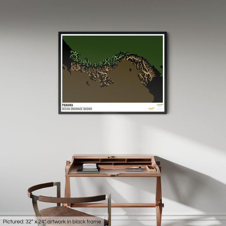 Panama - Ocean drainage basin map, black with legend v2 - Framed Print