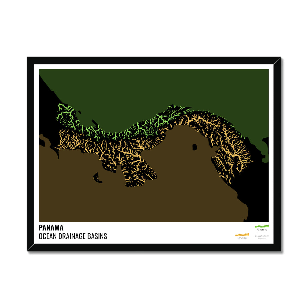 Panama - Ocean drainage basin map, black with legend v2 - Framed Print