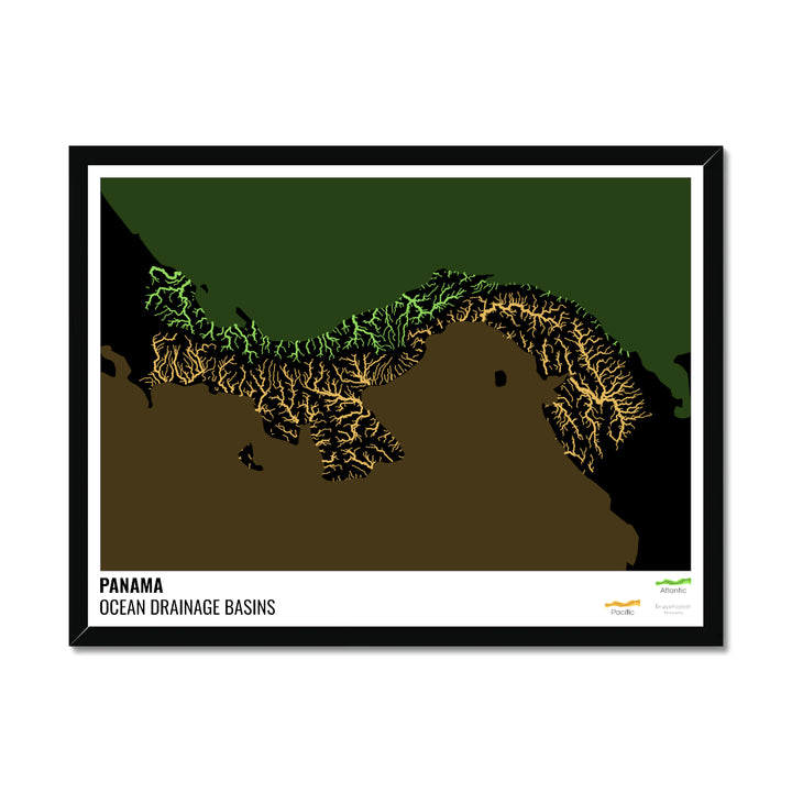 Panama - Ocean drainage basin map, black with legend v2 - Framed Print