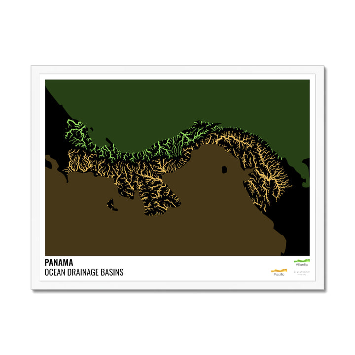 Panama - Ocean drainage basin map, black with legend v2 - Framed Print