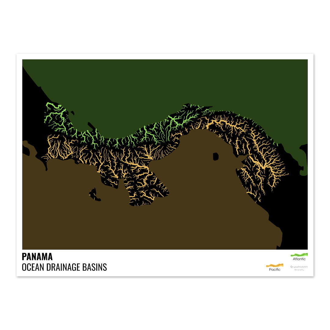 Panama - Carte des bassins hydrographiques océaniques, noire avec légende v2 - Fine Art Print