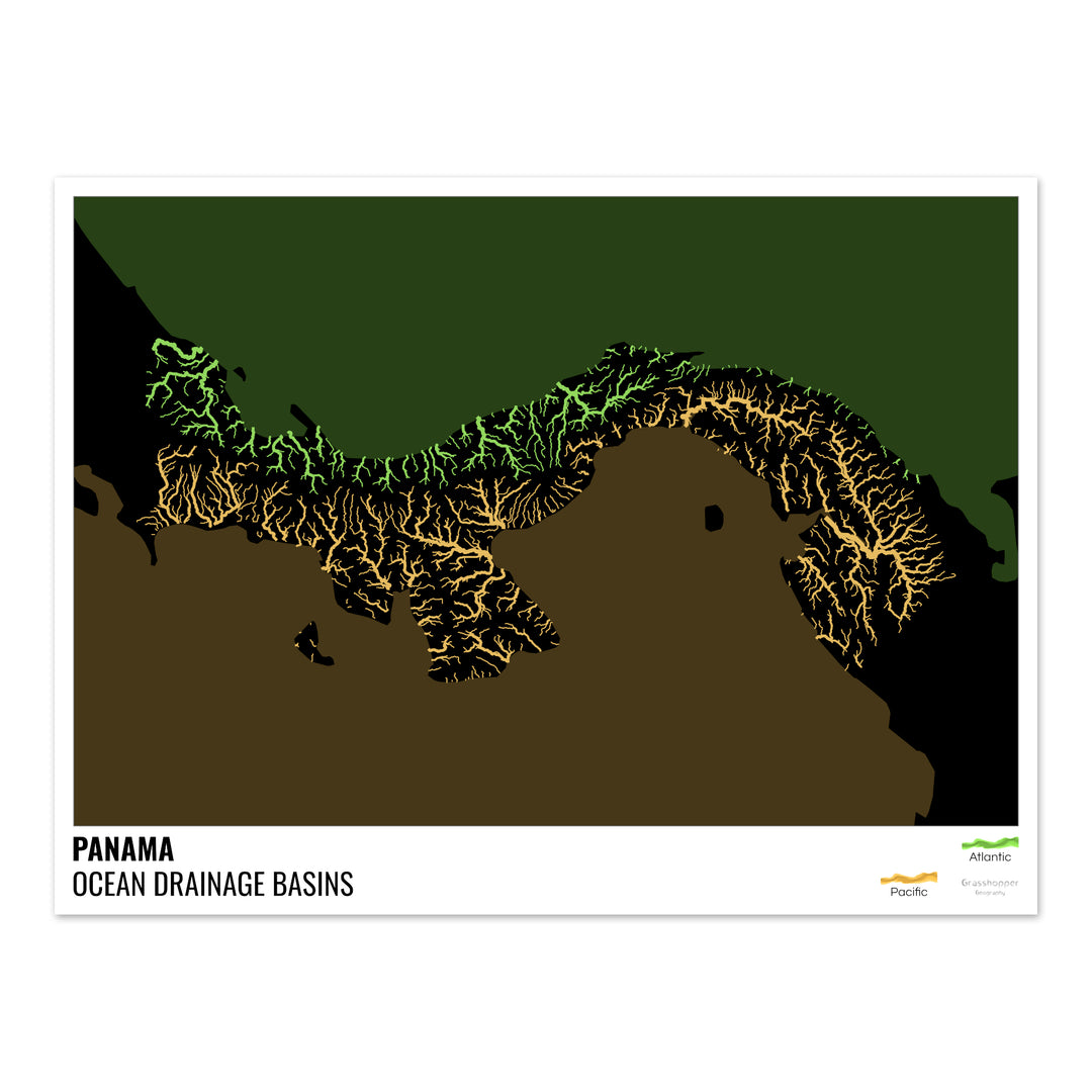 Panama - Ocean drainage basin map, black with legend v2 - Photo Art Print