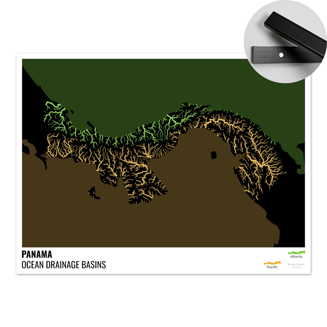 Panamá - Mapa de la cuenca hidrográfica del océano, negro con leyenda v2 - Impresión artística con colgador
