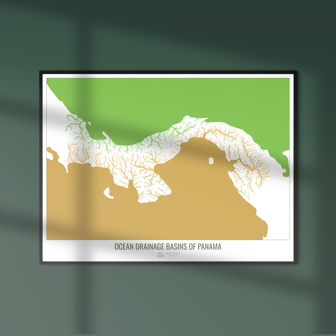 Panamá - Mapa de la cuenca hidrográfica del océano, blanco v2 - Impresión de Bellas Artes