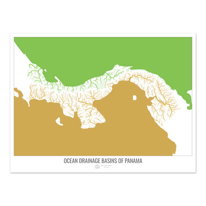 Panamá - Mapa de la cuenca hidrográfica del océano, blanco v2 - Impresión de Bellas Artes