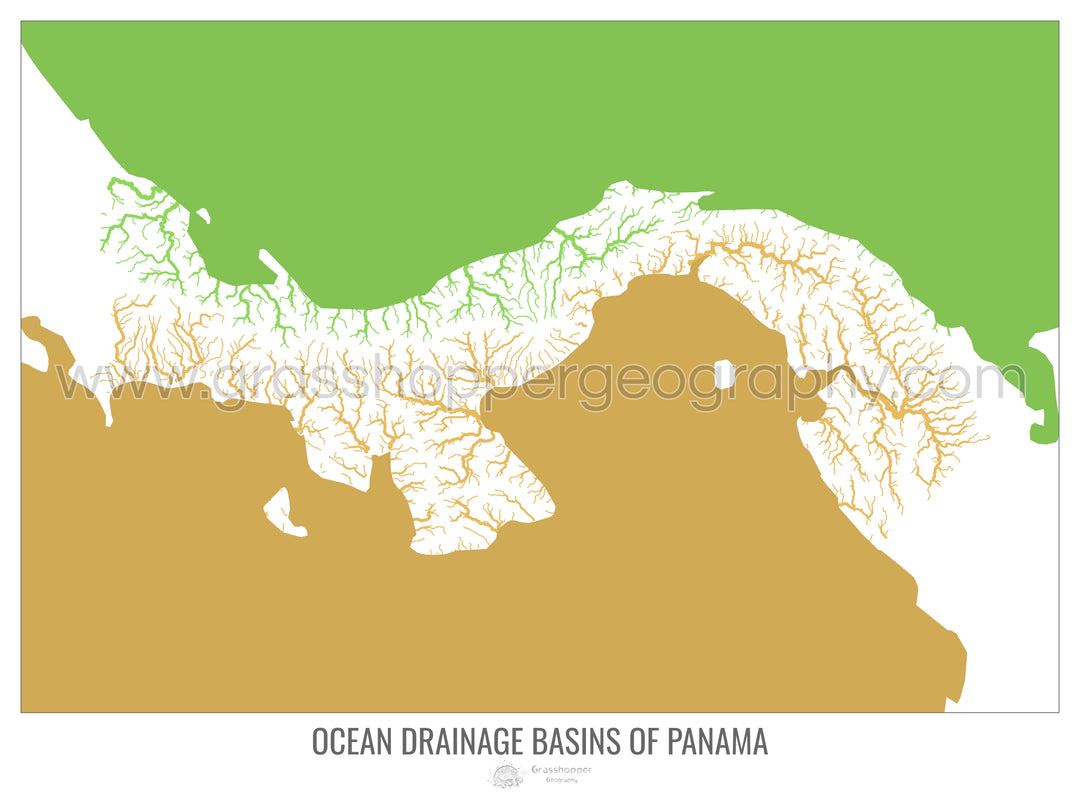 Panamá - Mapa de la cuenca hidrográfica del océano, blanco v2 - Impresión de Bellas Artes