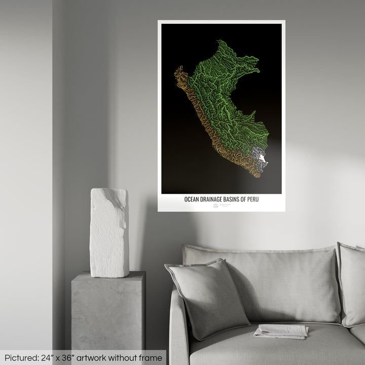 Perú - Mapa de la cuenca hidrográfica del océano, negro v1 - Impresión de Bellas Artes