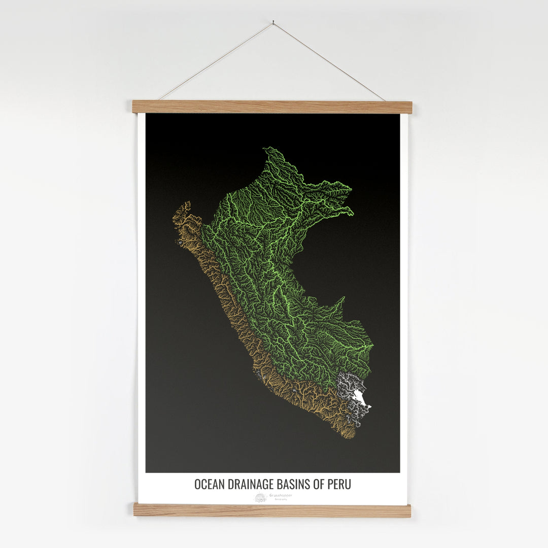 Peru - Ocean drainage basin map, black v1 - Fine Art Print with Hanger