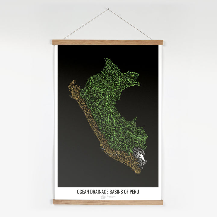 Perú - Mapa de la cuenca hidrográfica del océano, negro v1 - Impresión artística con colgador