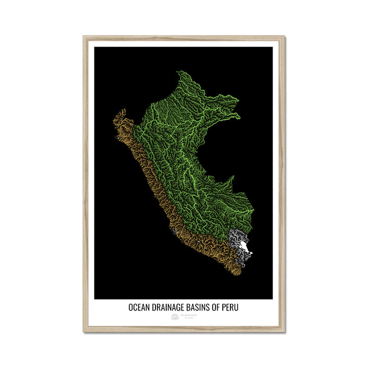 Peru - Ocean drainage basin map, black v1 - Framed Print