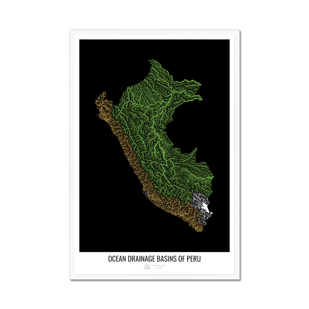 Peru - Ocean drainage basin map, black v1 - Framed Print