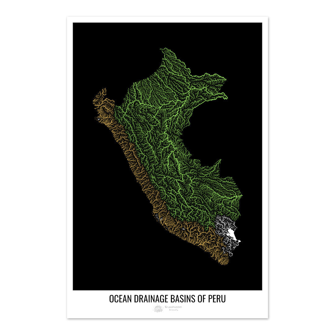 Perú - Mapa de la cuenca hidrográfica del océano, negro v1 - Impresión de Bellas Artes