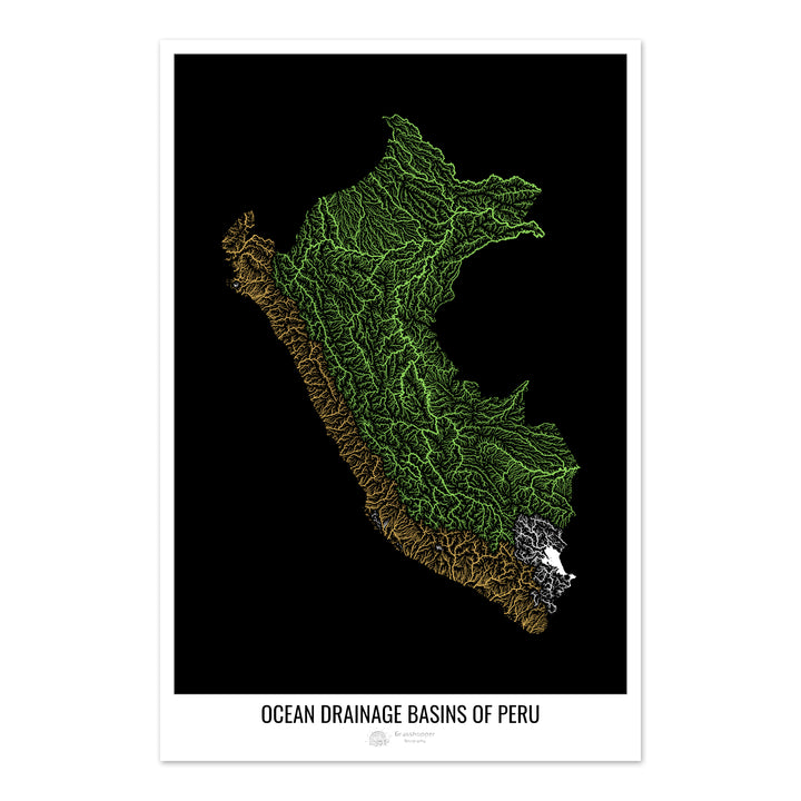 Perú - Mapa de la cuenca hidrográfica del océano, negro v1 - Impresión fotográfica