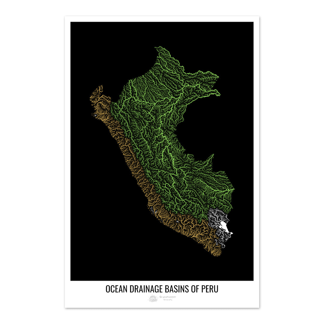 Perú - Mapa de la cuenca hidrográfica del océano, negro v1 - Impresión fotográfica