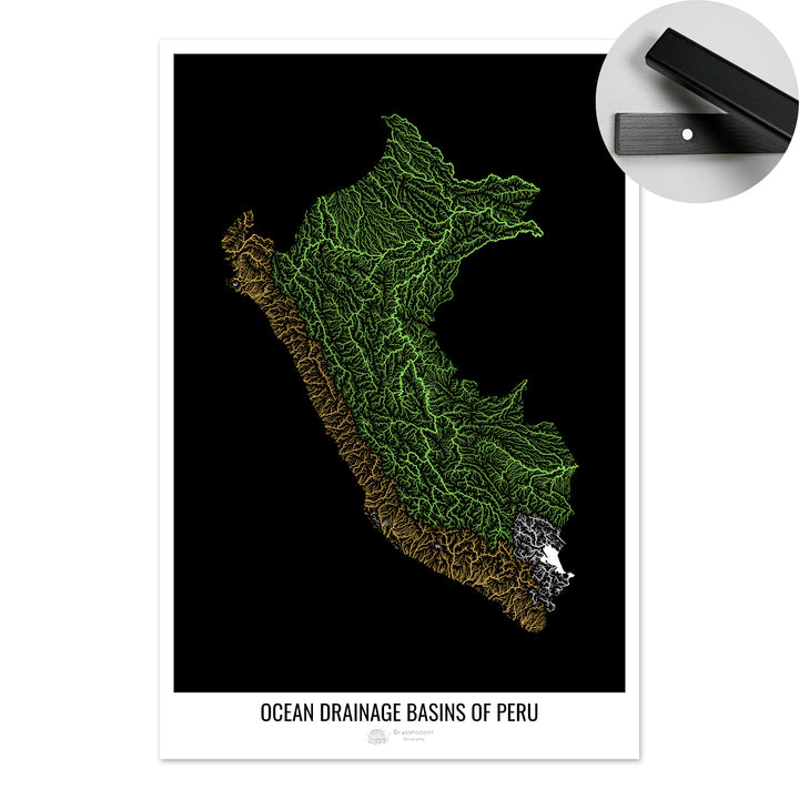 Perú - Mapa de la cuenca hidrográfica del océano, negro v1 - Impresión artística con colgador