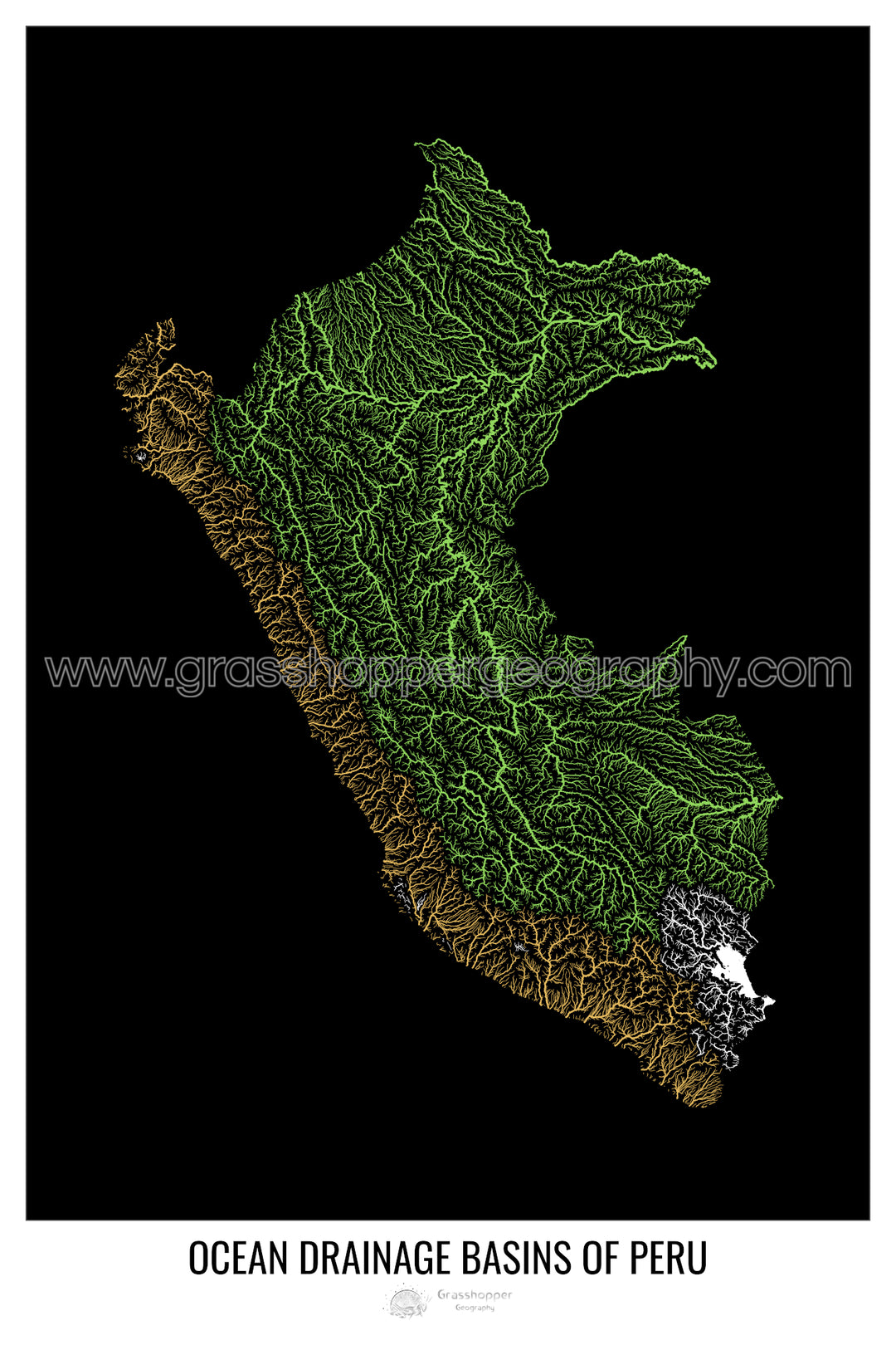Pérou - Carte des bassins hydrographiques océaniques, noir v1 - Tirage photo artistique